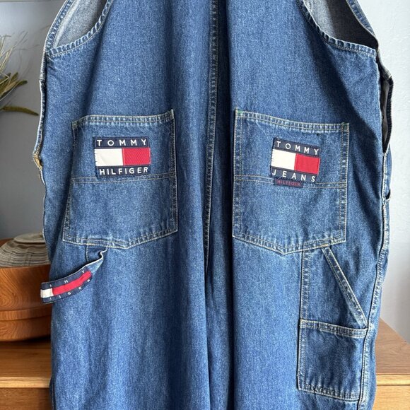 Vintage 90s Tommy Hilfiger Denim Overalls Loose Spellout Hip Hop XL Baggy - Picture 4 of 13